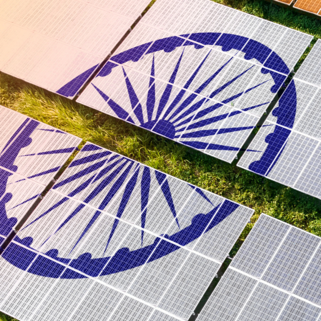 Report cover image of solar panels, describing the Indian power sector transition