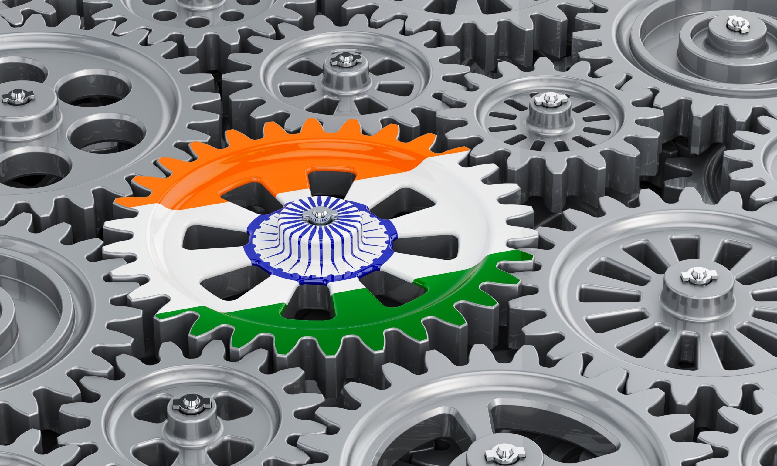 cover-image-for-the-report-Forging ahead-pathways to green steel for India-report-showing-indian-flag-colours-on the gearwheel, business industrial concept-3D rendering