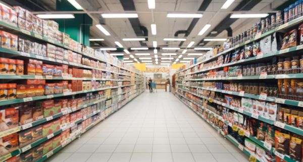 abstract blurred supermarket aisle with colourful shelves and unrecognisable customers as background